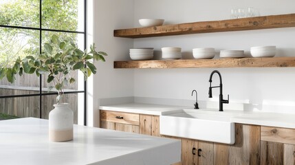 Wall Mural - A rustic kitchen with open shelving, a farmhouse sink, and reclaimed wood accents