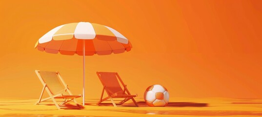 Wall Mural - two beach chairs with parasol on lush orange summer background , generative ai