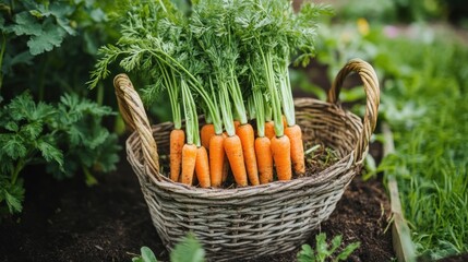 Wall Mural - Freshly Harvested Carrots in a Wicker Basket