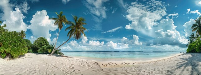 Wall Mural - palm tree ocean. summer getaway in paradise: beach with palm trees and turquoise ocean