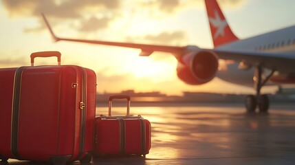 Two red suitcases on the tarmac at an airport with a plane in the background.