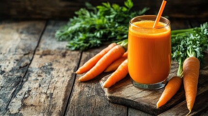 A glass of fresh carrot juice with a straw and whole carrots on a rustic table