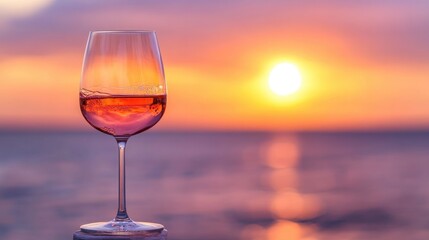 A glass of wine with a romantic sunset in the background