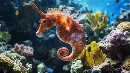 Canvas Print - A Unicorn Seahorse Swimming in a Coral Reef