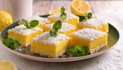 lemon bars with coconut topping and mint garnish make a delightful summer dessert choice