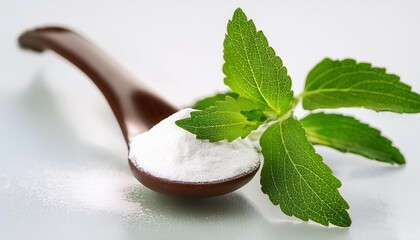 Wall Mural - close up of a spoonful of powdered stevia on a light background with fresh stevia leaves ideal for natural low calorie sweetening