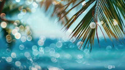 Wall Mural - abstract summer scene with blurred ocean, palm leaves, and defocused bokeh lights. a dreamy seaside 