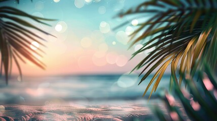 Wall Mural - abstract summer scene with blurred ocean, palm leaves, and defocused bokeh lights. a dreamy seaside 