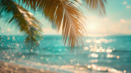 Wall Mural - abstract summer scene with blurred ocean, palm leaves, and defocused bokeh lights. a dreamy seaside 