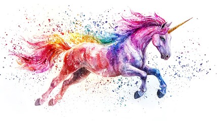 A watercolor rainbow unicorn splashes with vibrant colors, capturing the fantasy and magic of this mythical creature.