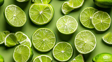 slices and whole, shot from above, making a fun pattern on a lime background