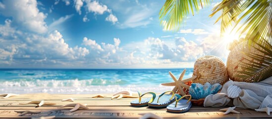 Wall Mural - sunglasses and a straw hat on a tropical sandy beach by the sea. t