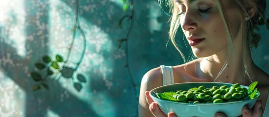 Sticker - Young woman enjoying edamame in a lifestyle copy space image