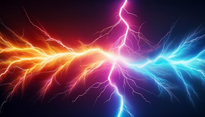 abstract illustration of colorful and powerful lightning bolts glowing on dark background