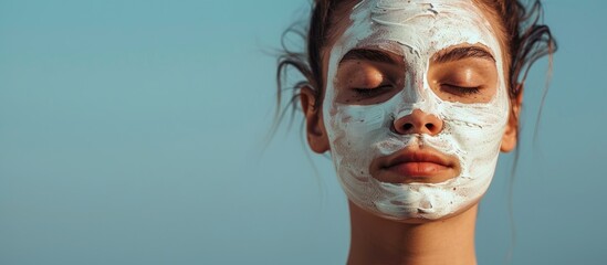 Wall Mural - A young woman with a facial mask poses against a plain background creating a serene image with copy space