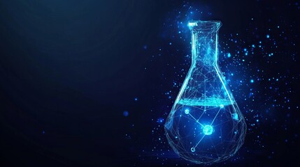 Abstract lab flask with blue liquid and chemistry molecule. Science and education concept. Polygonal laboratory glass test tube on dark background. Low poly wireframe vector illustration in technology