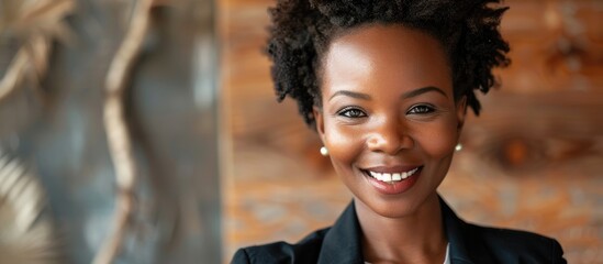 Poster - Smiling Black businesswoman with a cheerful smile looking at the camera enjoying her work in an office setting with copy space image