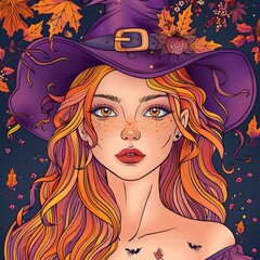 Beautiful Witch with Long Hair and Witch Hat.