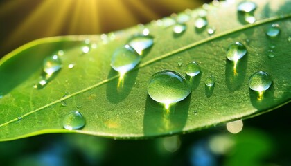 Wall Mural - large beautiful drops of transparent rain water on a green leaf macro drops of dew in the morning glow in the sun beautiful leaf texture in nature natural background