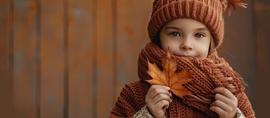 Sticker - Adorable girl dressed warmly holds an autumn leaf on a brown backdrop in a copy space image