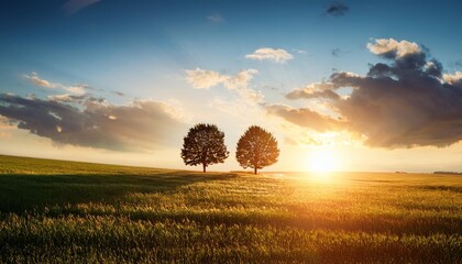 Poster - beautiful scenery with field and two trees sunset sun in the sky clouds