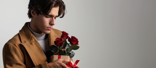 Poster - Gifted man holding roses and a gift box perfect for a copy space image against a white backdrop