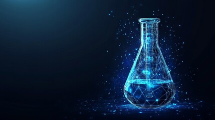 Abstract lab flask with blue liquid and chemistry molecule. Science and education concept. Polygonal laboratory glass test tube on dark background. Low poly wireframe vector illustration in technology