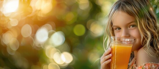 Wall Mural - Young girl enjoying orange juice with a blank space for text or graphics in the background of the image. Creative banner. Copyspace image