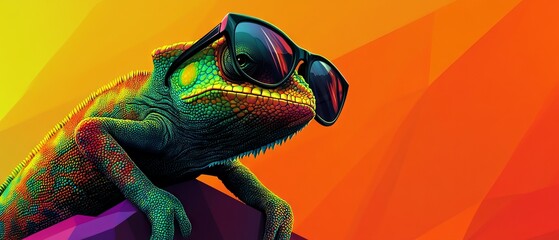 Wall Mural - chameleon wearing sunglasses on a solid color background, vector art, digital art, faceted, minimal, abstract, panorama background