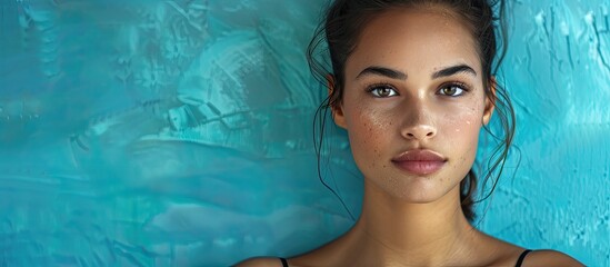 Poster - A lovely young woman with hydrated skin posing in front of a blue backdrop with space for text or other images. Creative banner. Copyspace image