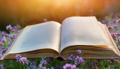 Wall Mural - old weathered open book on flowers background