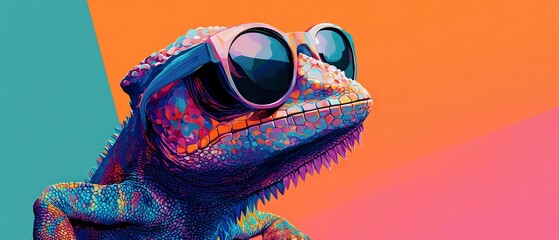 chameleon wearing sunglasses on a solid color background, vector art, digital art, faceted, minimal, abstract, panorama background