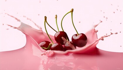 Canvas Print - cherries splashing in pink liquid