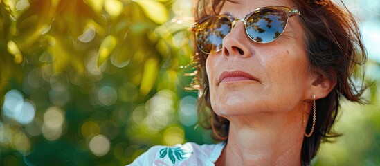 Canvas Print - Outdoors there is a stunning middle aged woman wearing sunglasses in a portrait with an empty space for text or graphics. Creative banner. Copyspace image