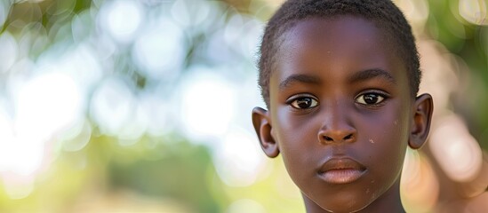 A young African boy s close up portrait captured in an outdoor summer park setting with space for text or other elements in the image. Creative banner. Copyspace image