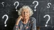 © Ilja - Confused Senior Woman With Question Marks On Chalkboard, Learning Concept For Elderly