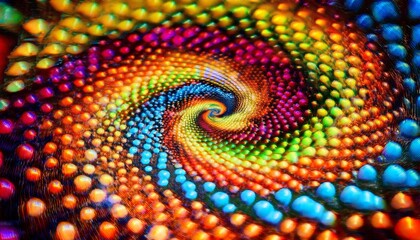 bright multicolored double spiral made up of dots of different sizes forms dynamic and visually appealing design ideal for creative and artistic projects