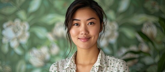 Sticker - Entrepreneur women concept portrayed by a confident smiling young Asian businesswoman starting her own startup dressed in a white and green shirt standing against a green backdrop with copy space ima