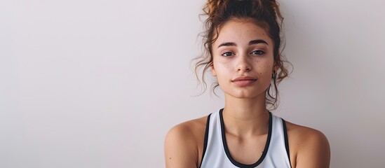 Wall Mural - Confident young woman in athletic attire white backdrop with copy space image radiating readiness for volleyball game