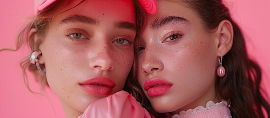 Wall Mural - Two young female models posing in pink outfits against a pink backdrop with a copy space image available