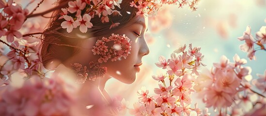 Sticker - Image of a woman with cherry blossoms set amidst blooming trees offering copy space for seasonal beauty and spring symbolism