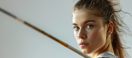 Sticker - A young Caucasian female athlete practices her javelin throw technique indoors against a white backdrop exuding dedication to athletics in a copy space image