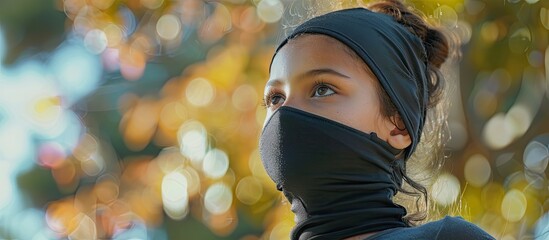 Canvas Print - A young Hispanic girl with a balaclava on her head gazing to the side in an open air setting creating a copy space image