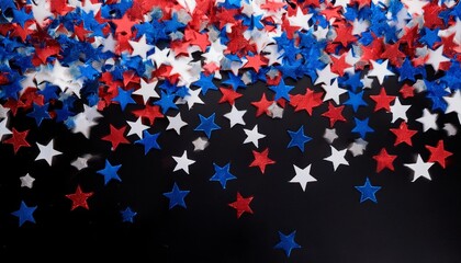 Poster - bright red white and blue stars falling over black background for usa celebrations like 4th of july memorial day veteran s day or other patriotic us american holidays