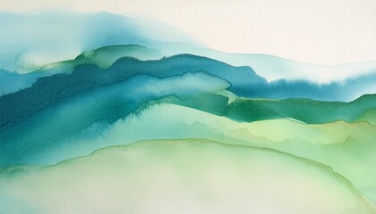 Sticker - ink watercolor landscape smoke flow stain blot on wet paper texture background pastel blue green colors