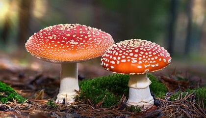 two amanita mushrooms with white dots close up in the forest