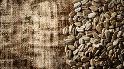 Wall Mural - Roasted unpeeled sunflower seeds on burlap background viewed from above