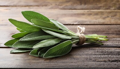 Wall Mural - bunch of fresh sage leaves on wooden table closeup