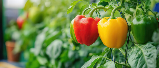 Vibrant red and yellow bell peppers growing on a plant, showcasing freshness and color in a home garden setting.