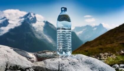 Sticker - a bottle of clear natural mineral water sits on a rock with a high mountain background